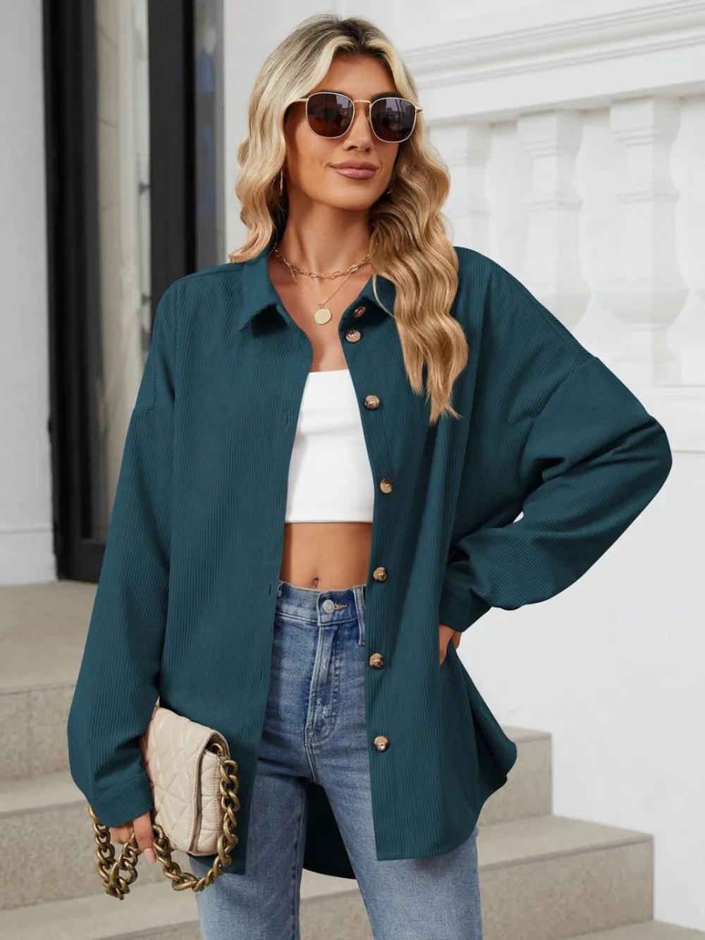 Collared Neck Long Sleeve Dropped Shoulder Shirt, image 19