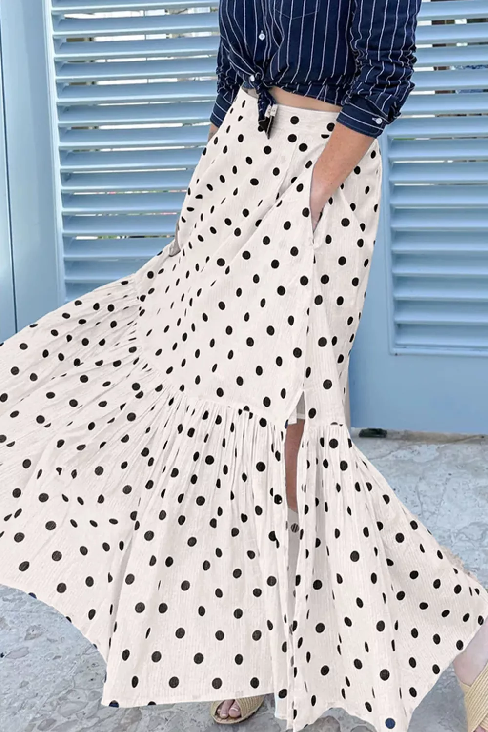 Polka Dot Ruffled Slit Maxi Skirt, image 7