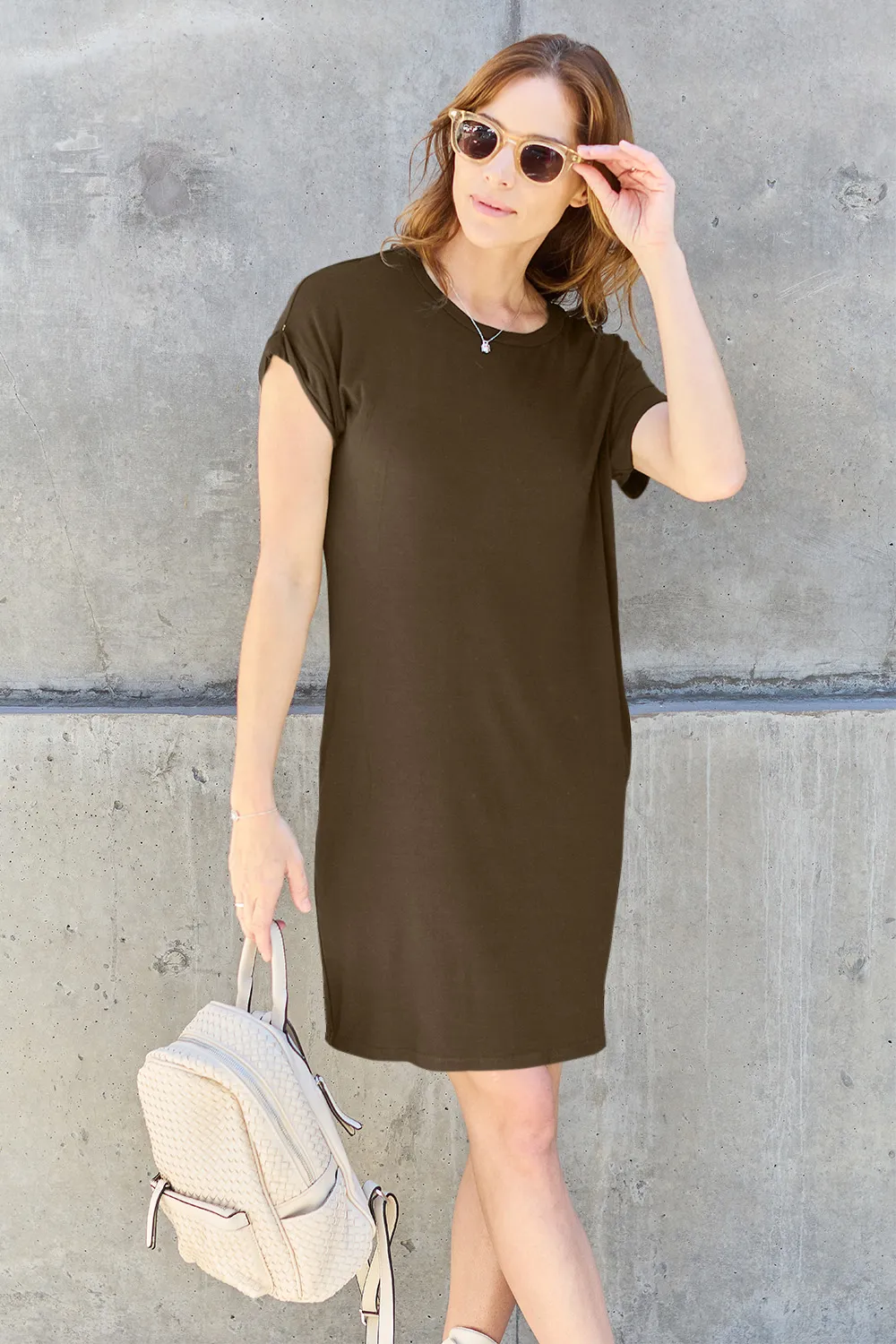 Full Size Round Neck Short Sleeve Dress with Pockets, image 13