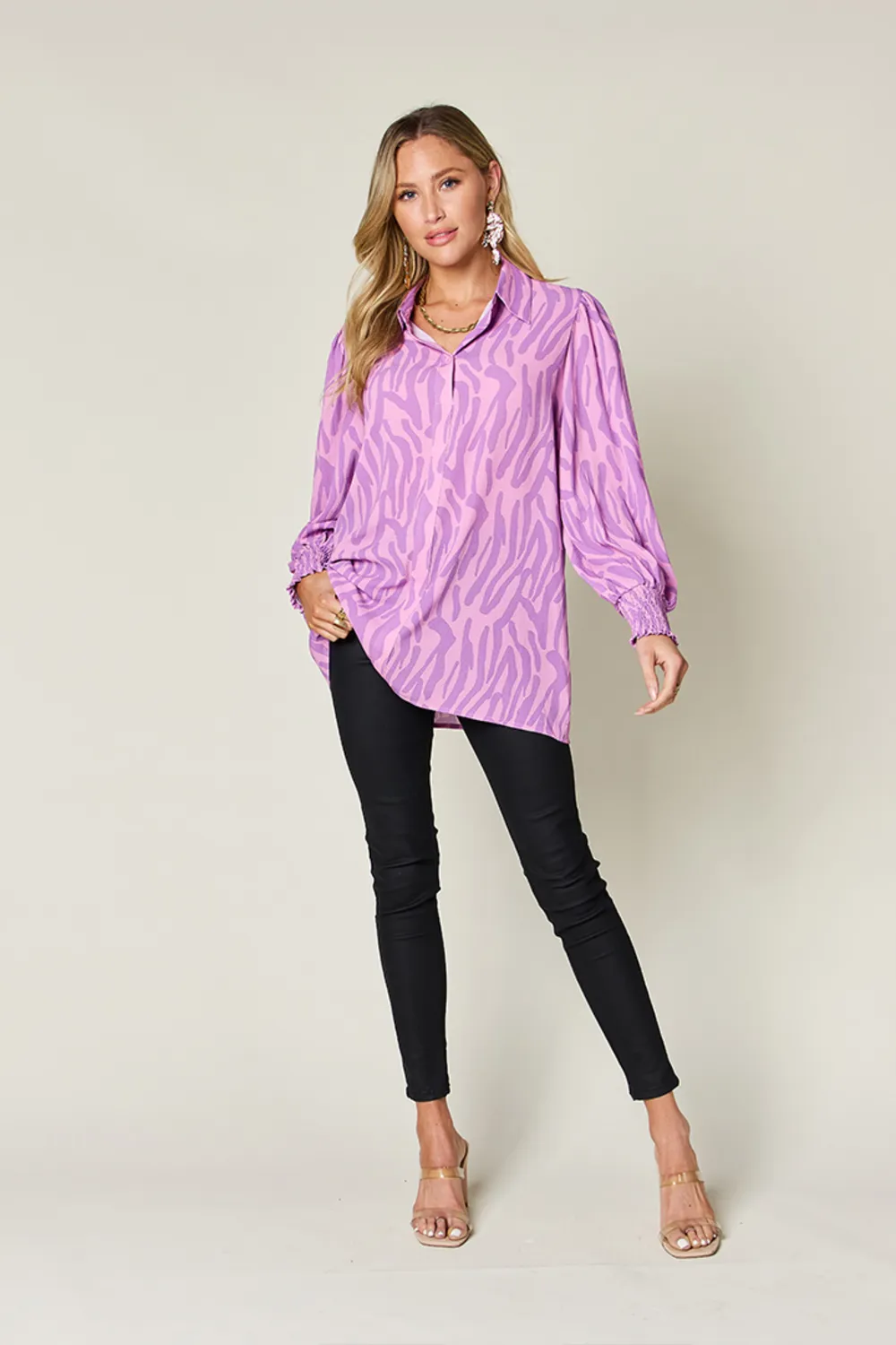 Full Size Printed Smocked Long Sleeve Blouse Plus Size, image 7