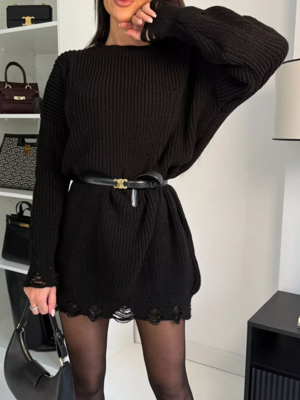 Distressed Round Neck Drop Shoulder Sweater Dress, image 12
