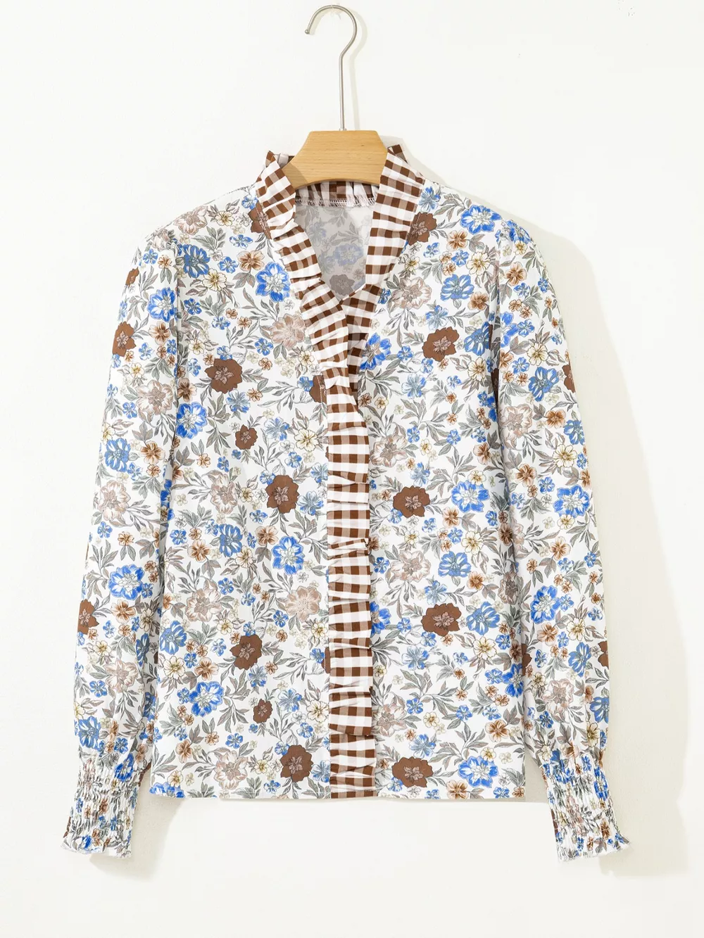Plaid Frilled Trim V Neck Floral Long Sleeve Blouse, image 4