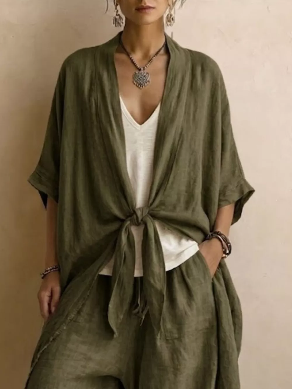 Full Size Tie-Front Cardigan and Wide-Leg Pants Set Plus Size, image 8