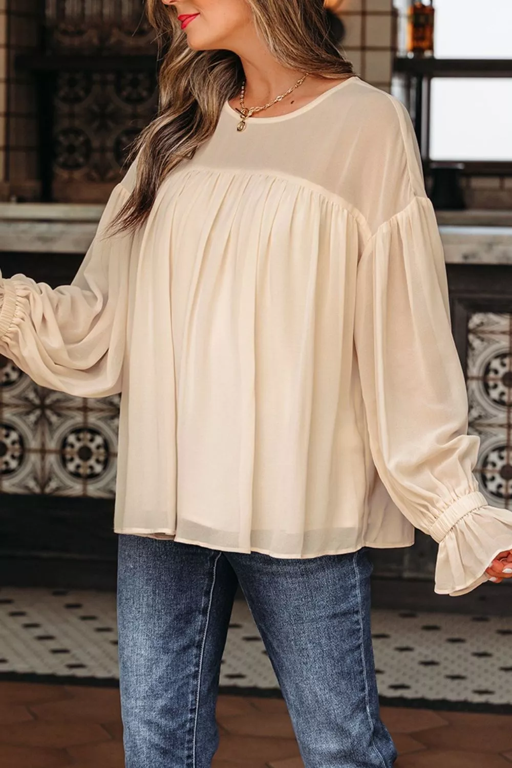 Round Neck Ruffle Sleeve Blouse, image 11