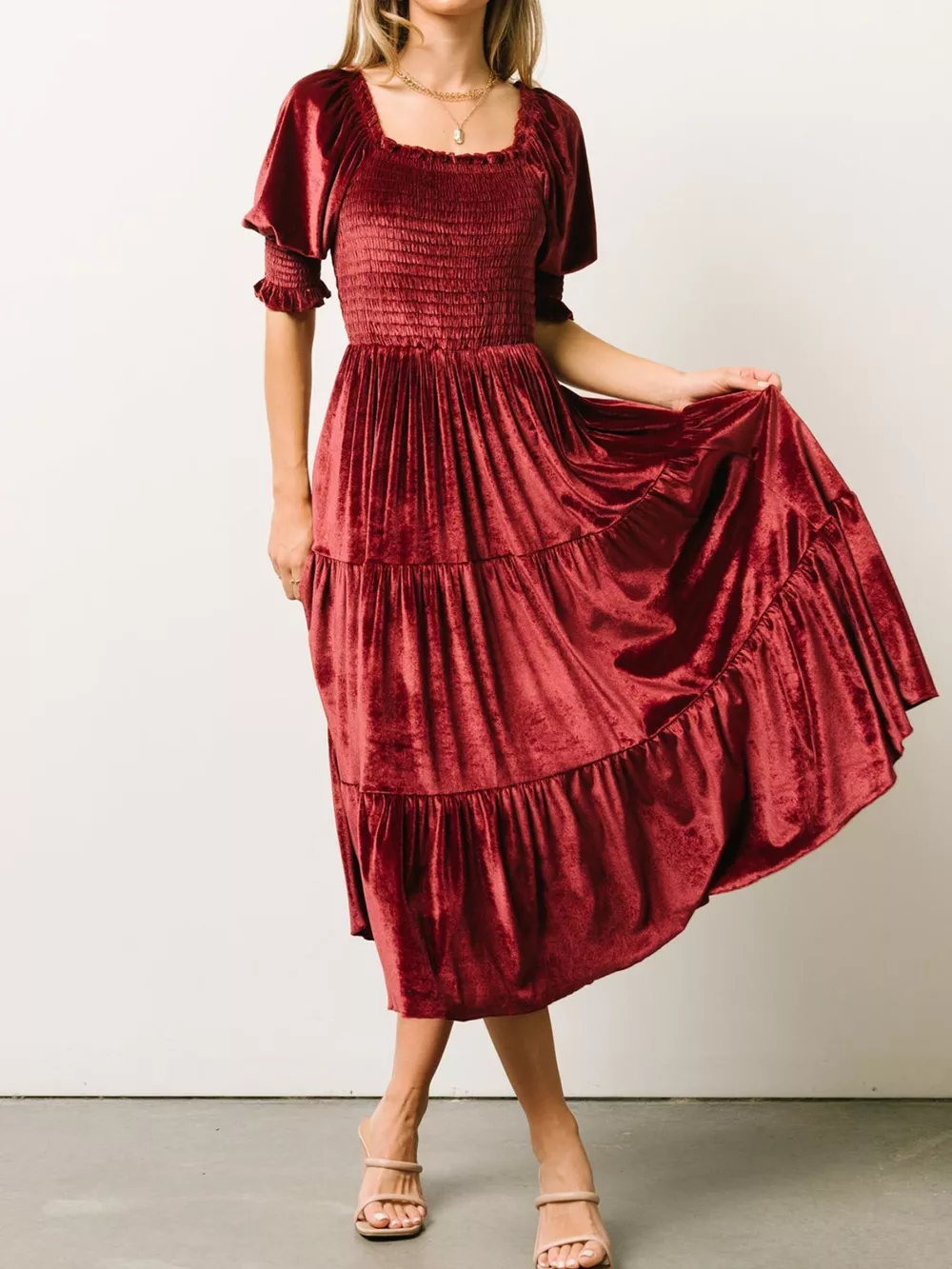 Velvet Smocked Tiered Midi Dress, image 14
