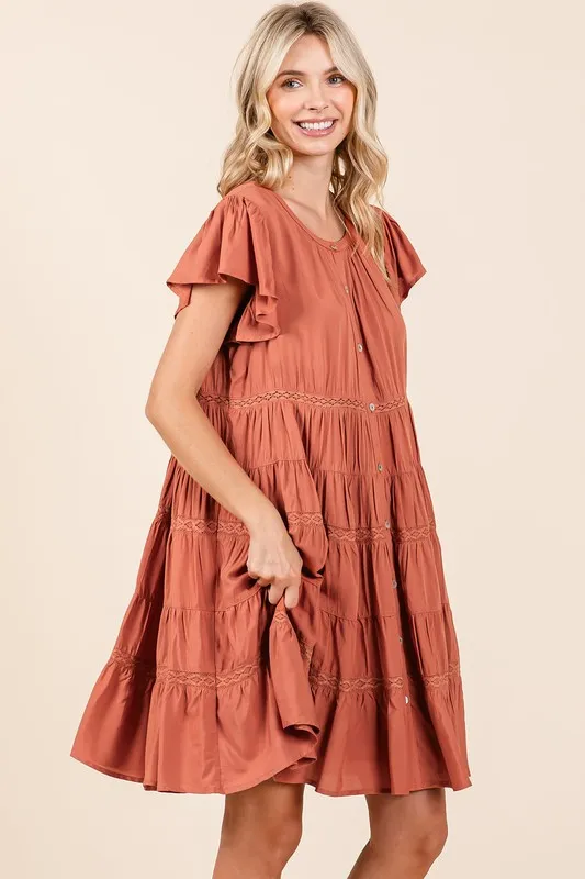 Lace Detail Ruffled Button Down Tiered Dress, image 4