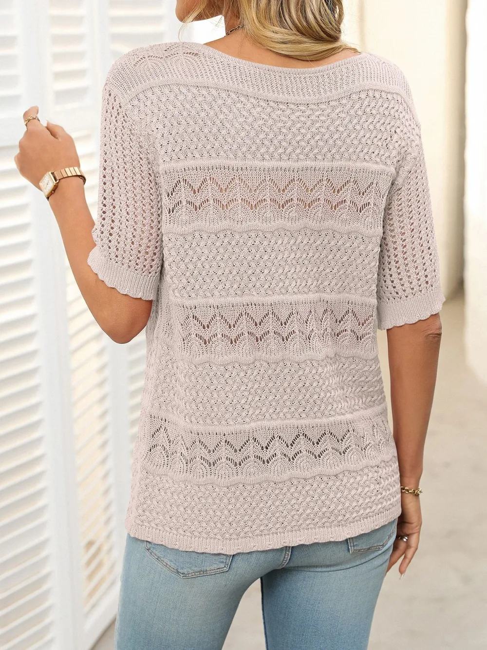 Openwork Round Neck Half Sleeve Knit Top, image 17