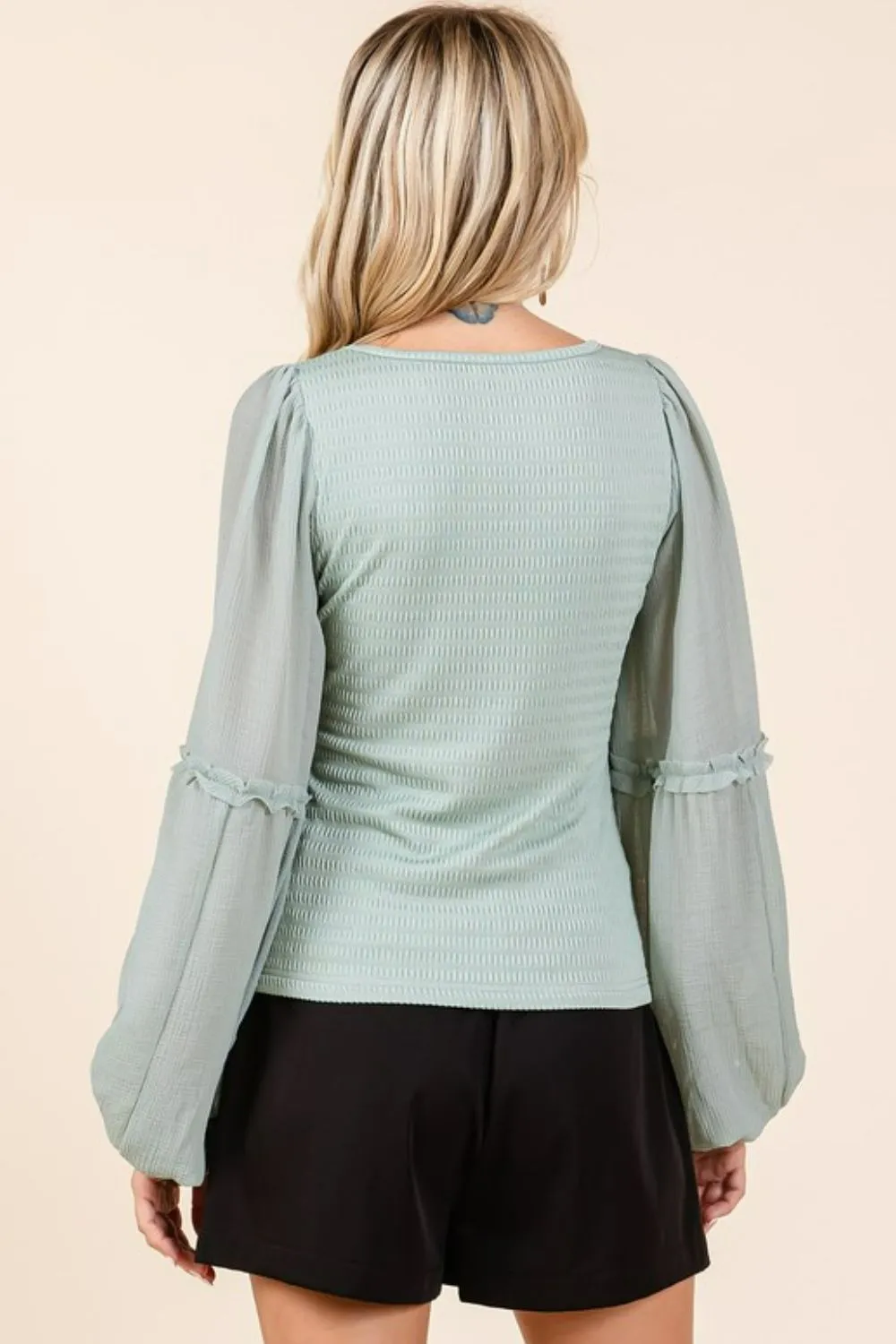 Mixed Media Textured Knit Chiffon Long Sleeve Top, image 2