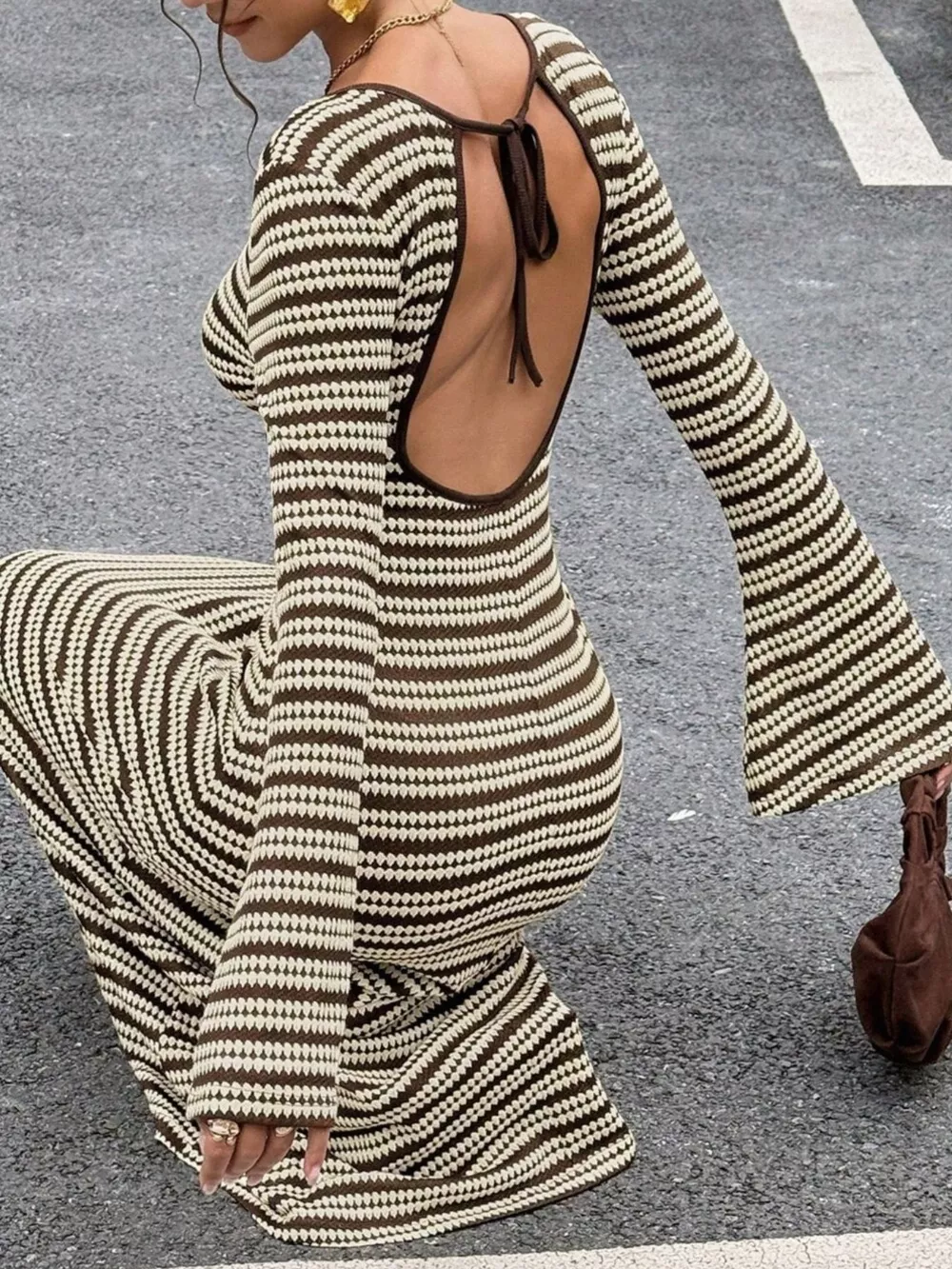 Backless Striped Ribbed Knit Maxi Dress with Flared Sleeves, image 8