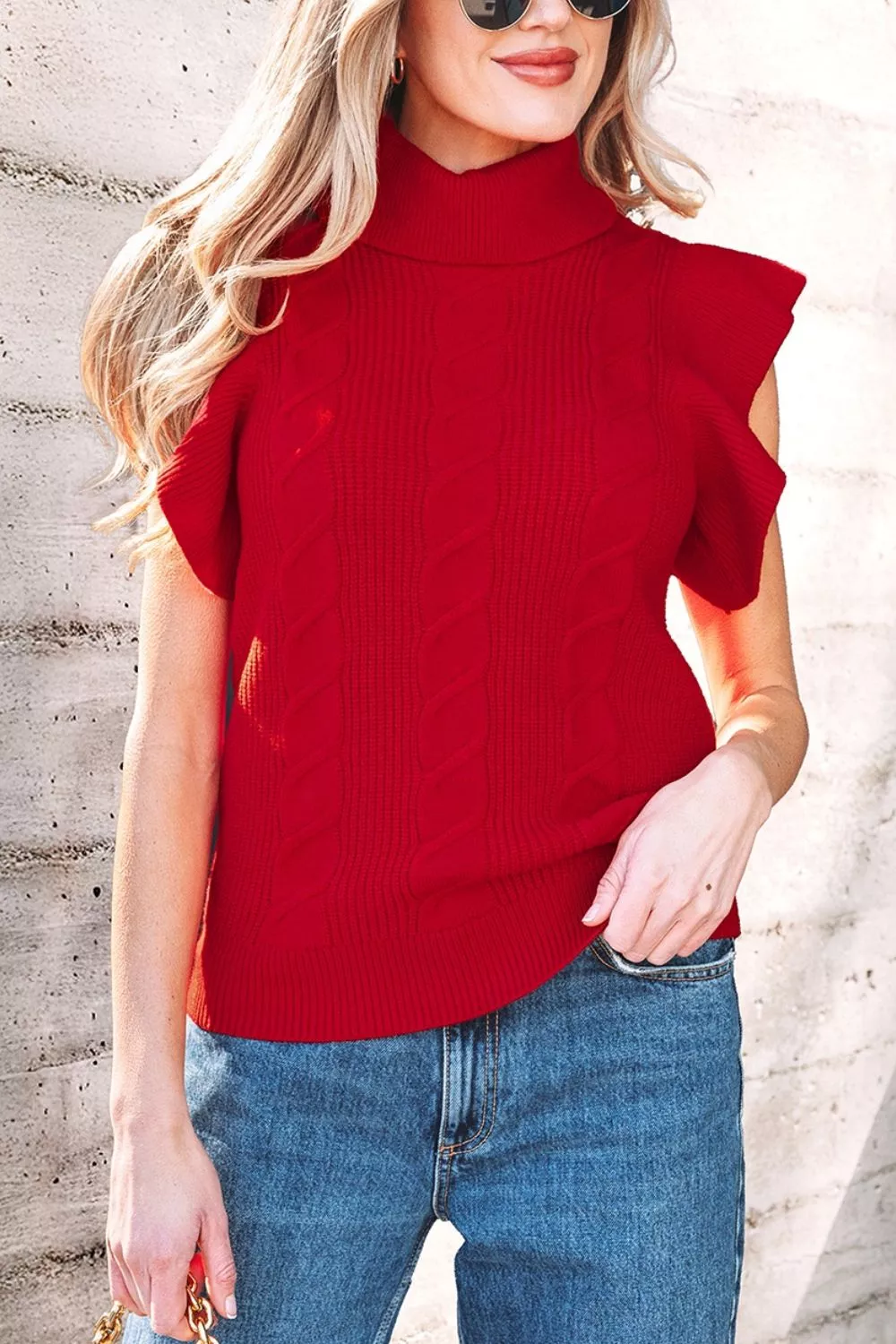 Cable Knit Turtleneck Ruffled Short Sleeve Sweater, image 5