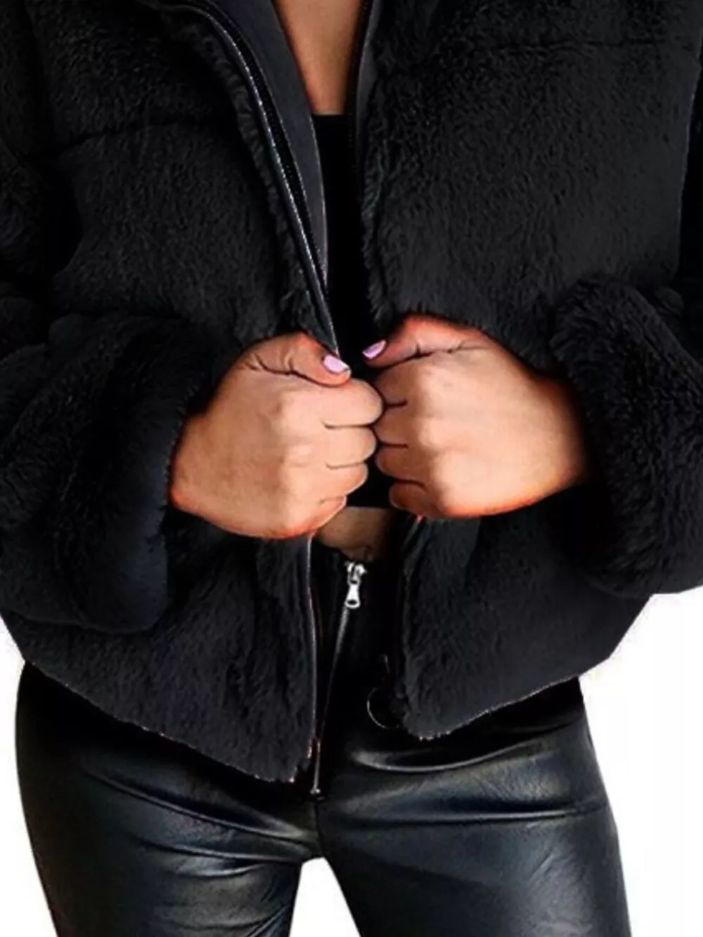 Full Size Faux Fur Cropped Zip-Up Jacket Plus Size, image 9