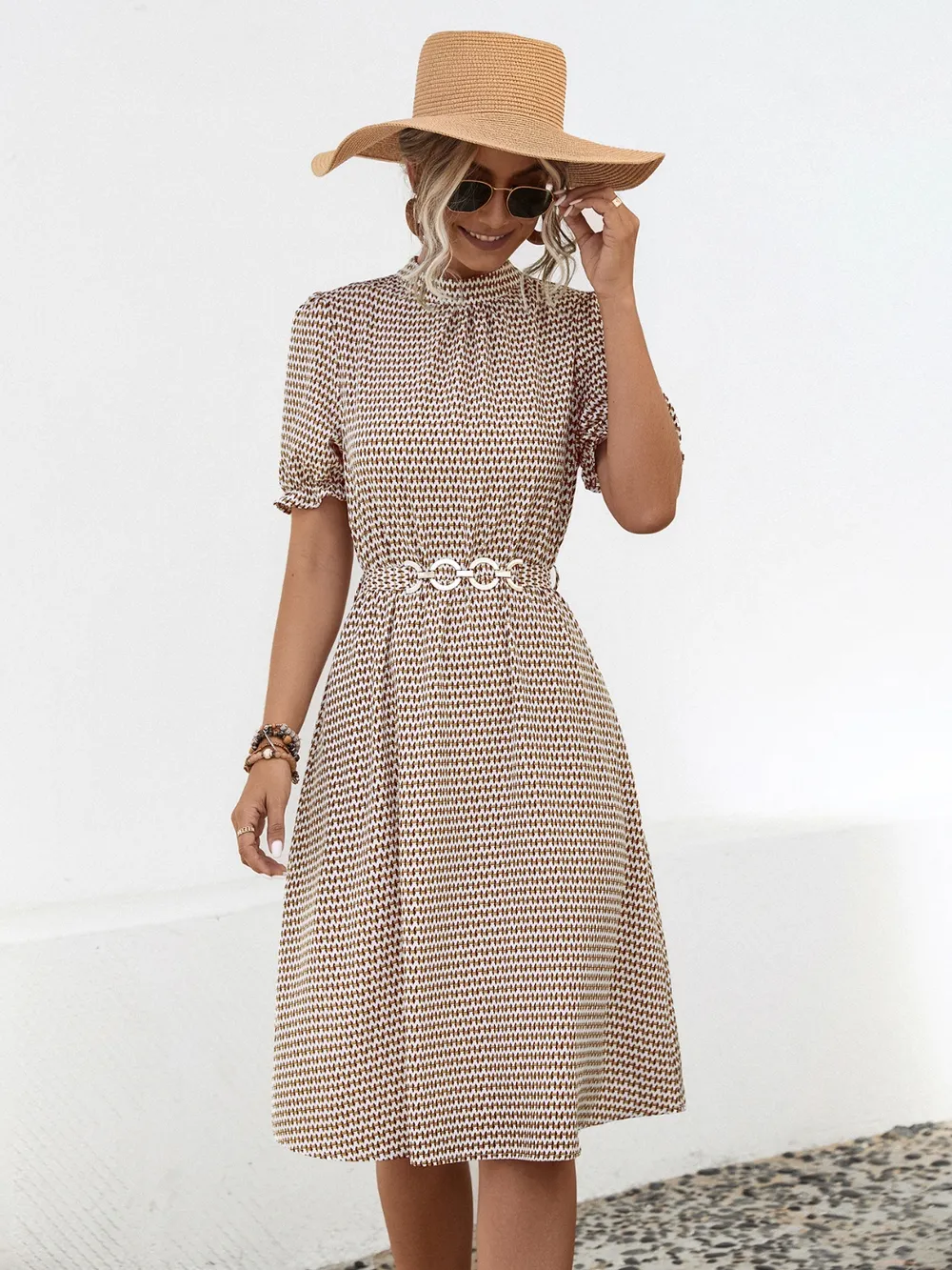 Printed Mock Neck Flounce Sleeve Dress, image 6