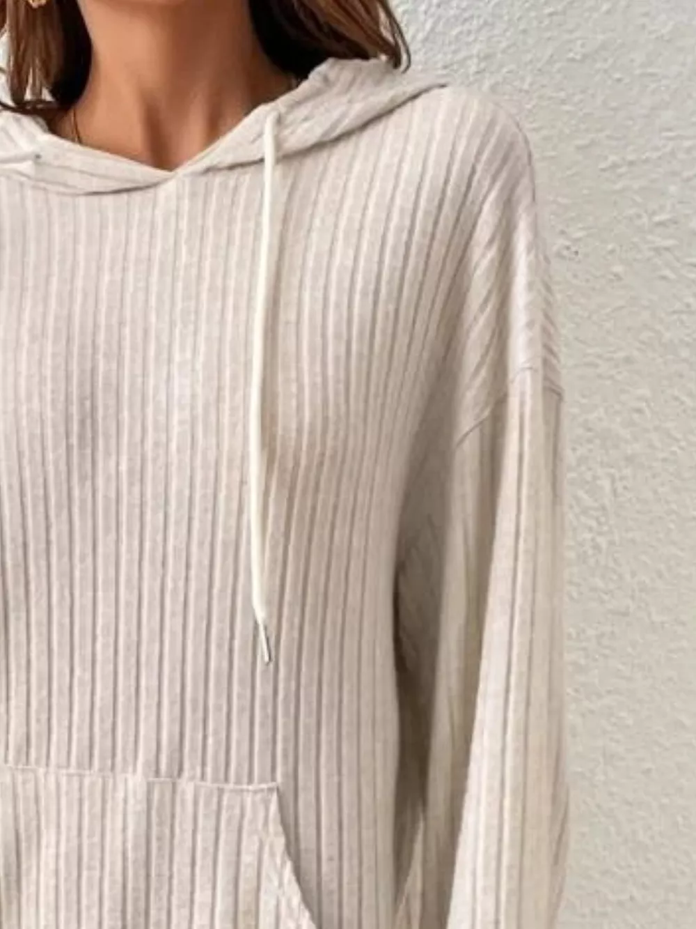 Ribbed Knit Long Sleeve Drawstring Hoodie, image 6