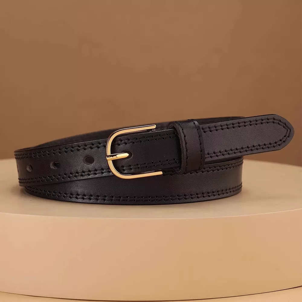 Classic Leather Belt with Golden Buckle
