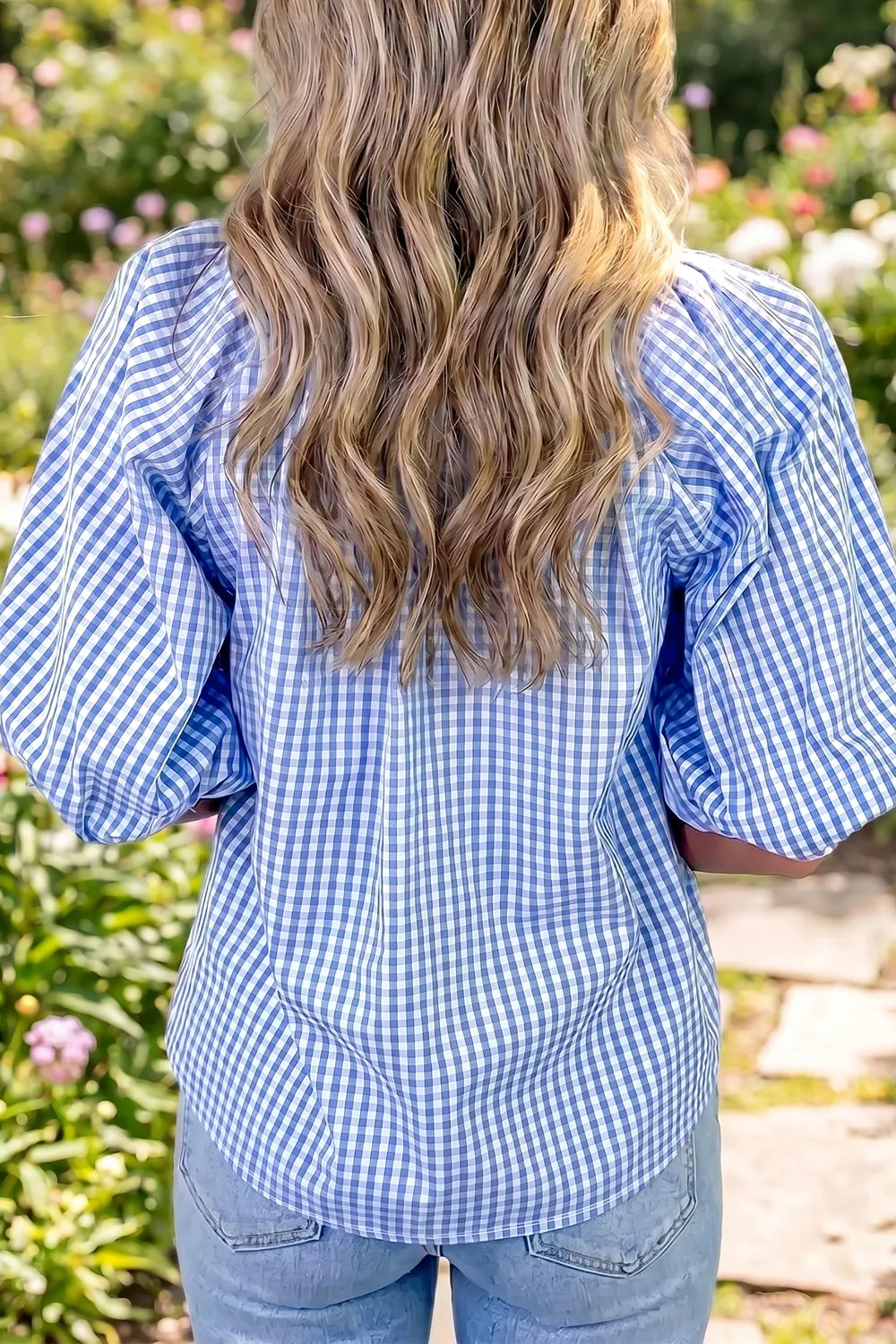 Plaid V Neck Puff Sleeve Blouse, image 3
