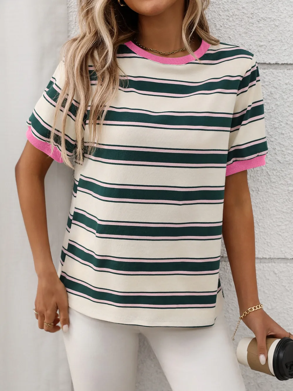 Contrast Striped Round Neck Short Sleeve T-Shirt, image 9