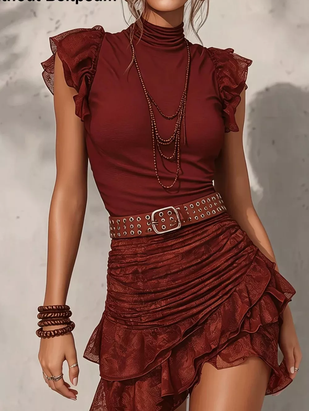 Mock Neck Ruffle Sleeve Top and Ruched Skirt Set