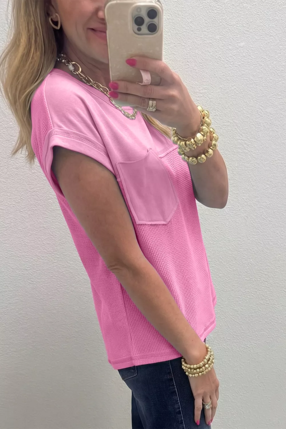 Solid Color Raw Seam Waffled Patchwork Casual T Shirt, image 3