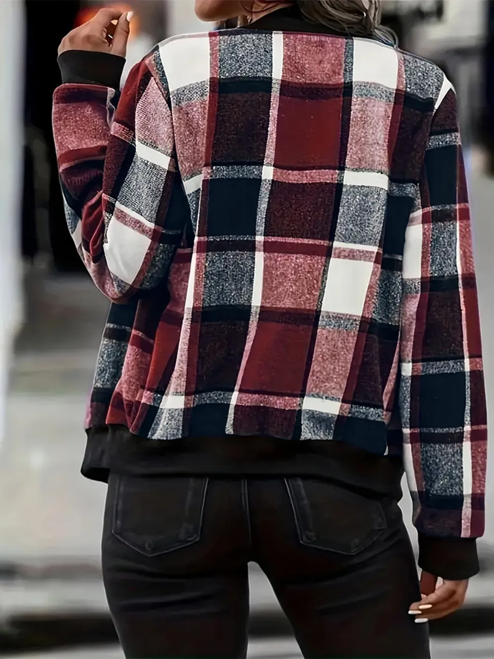 Plus Size Plaid Baseball Collar Zip Up Jacket, image 8