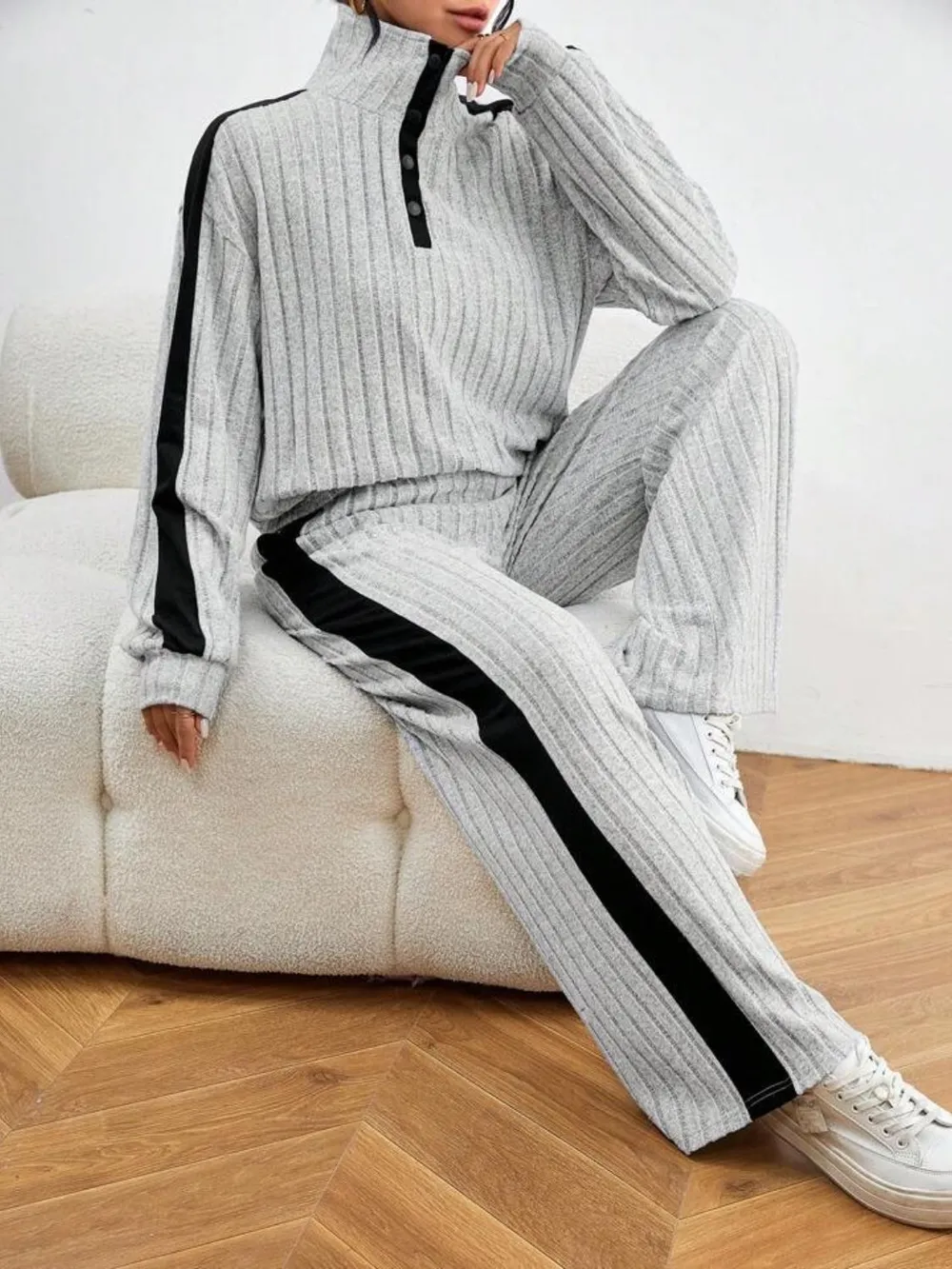 Contrast Collared Neck Long Sleeve Top and Pants Set, image 5