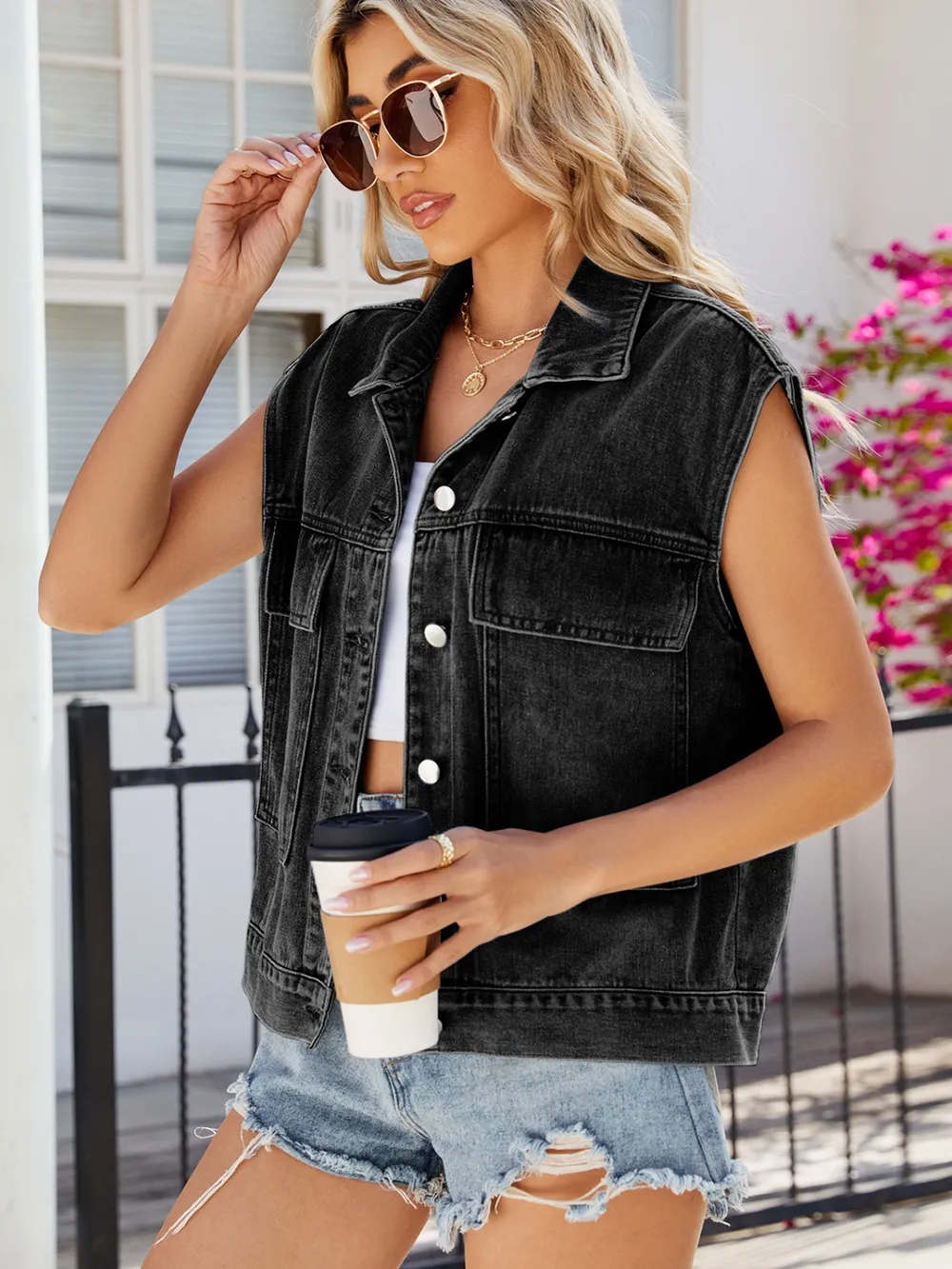 Pocketed Button Up Sleeveless Denim Jacket, image 10