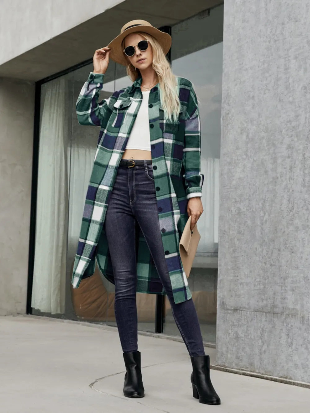 Plaid Pocketed Button Up Trench Coat, image 7