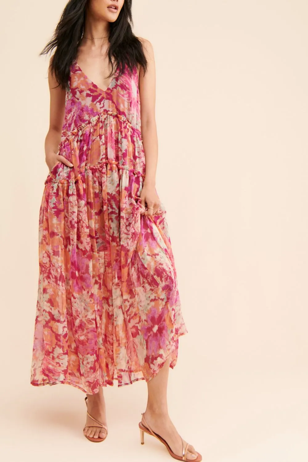 Frill Printed V-Neck Midi Dress, image 3