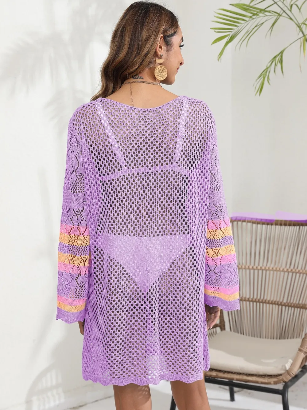 Openwork Contrast Long Sleeve Cover-Up, image 9
