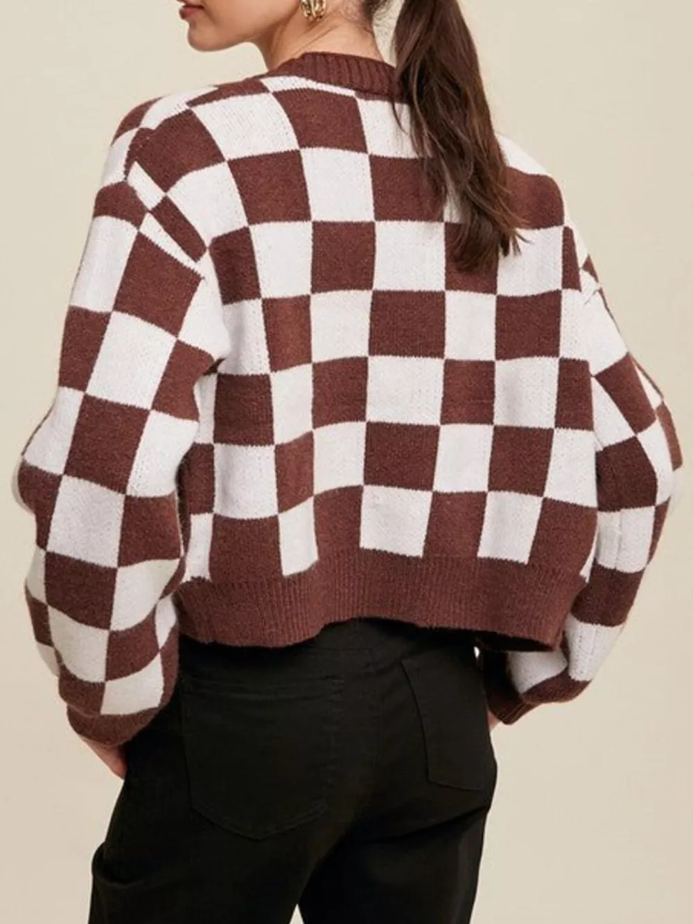 Checkerboard Pattern Button-Down Cardigan, image 10