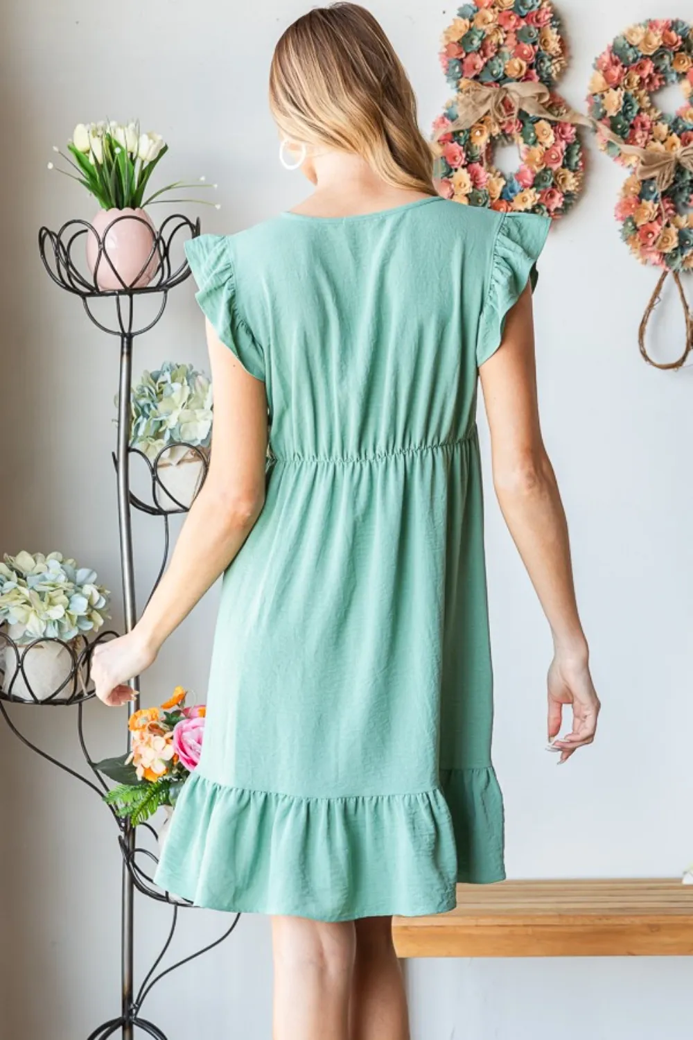 Full Size Short Sleeve V Neck Ruffled Hem Dress, image 2