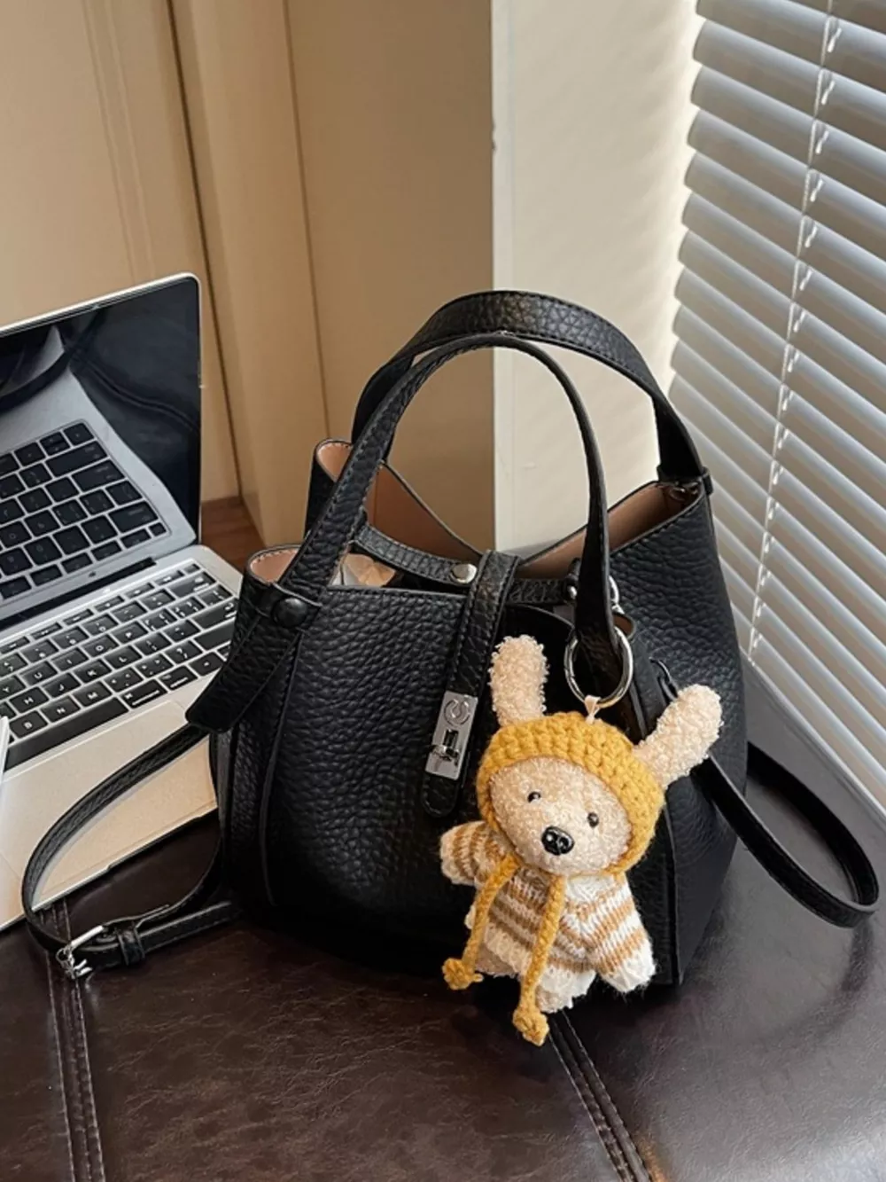 Bucket Crossbody Bag with Bear Charm, image 3