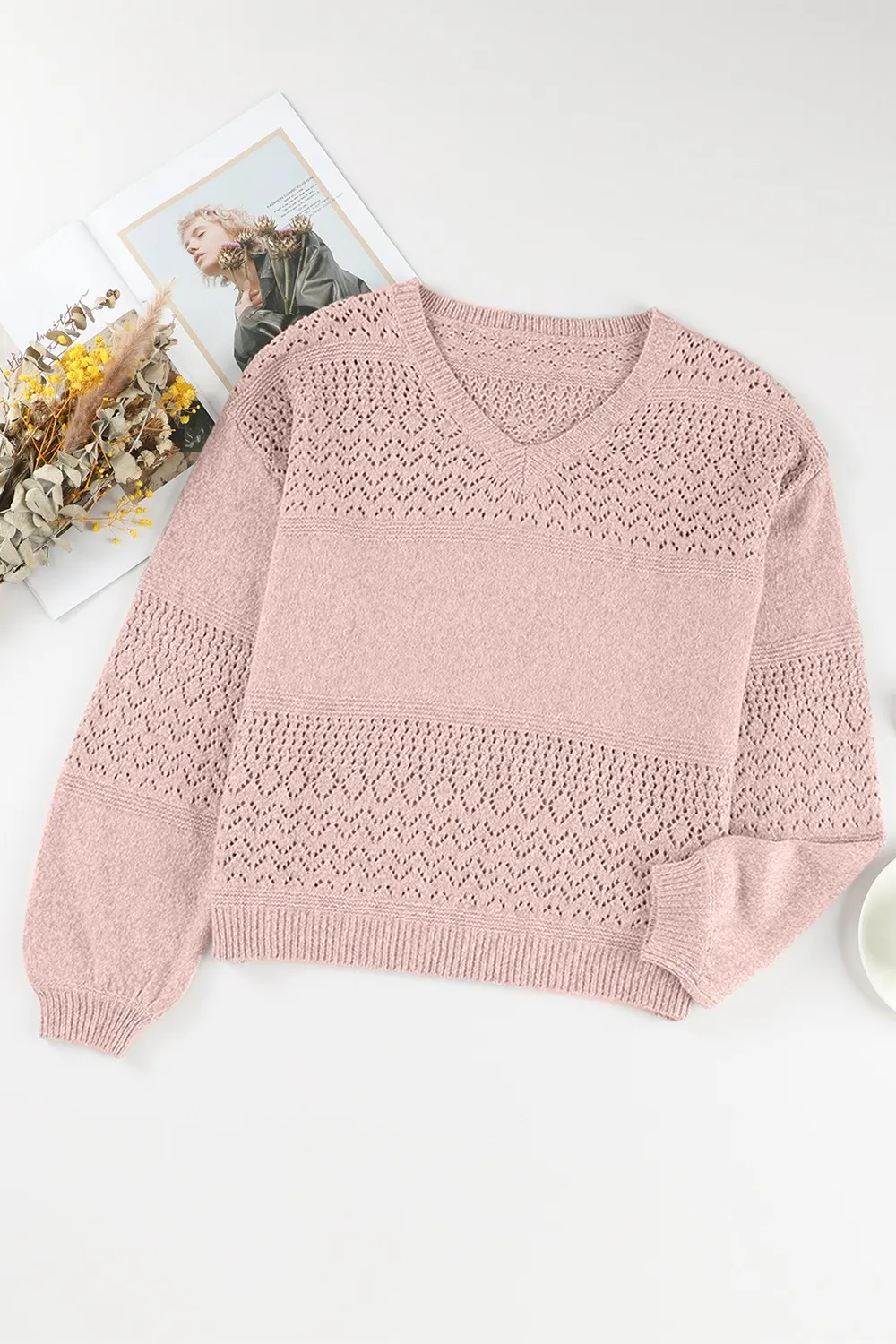 Openwork V-Neck Long Sleeve Sweater, image 12