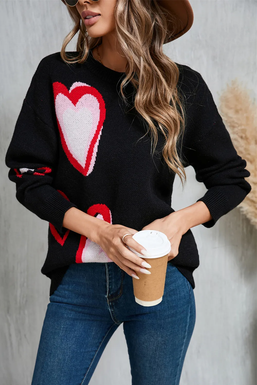 Heart Round Neck Long Sleeve Sweater, image 6