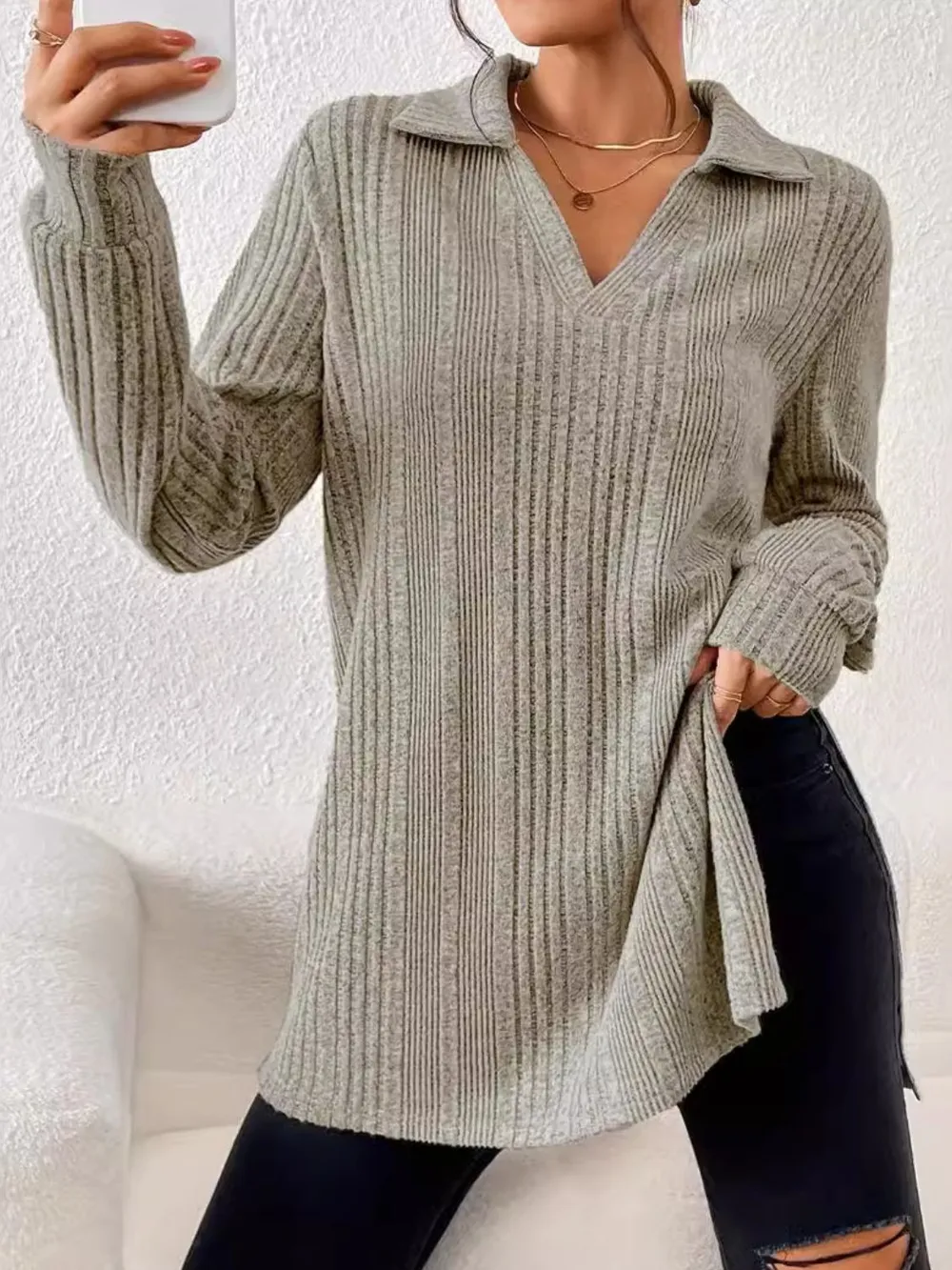 Slit Johnny Collar Long Sleeve Top, image 4
