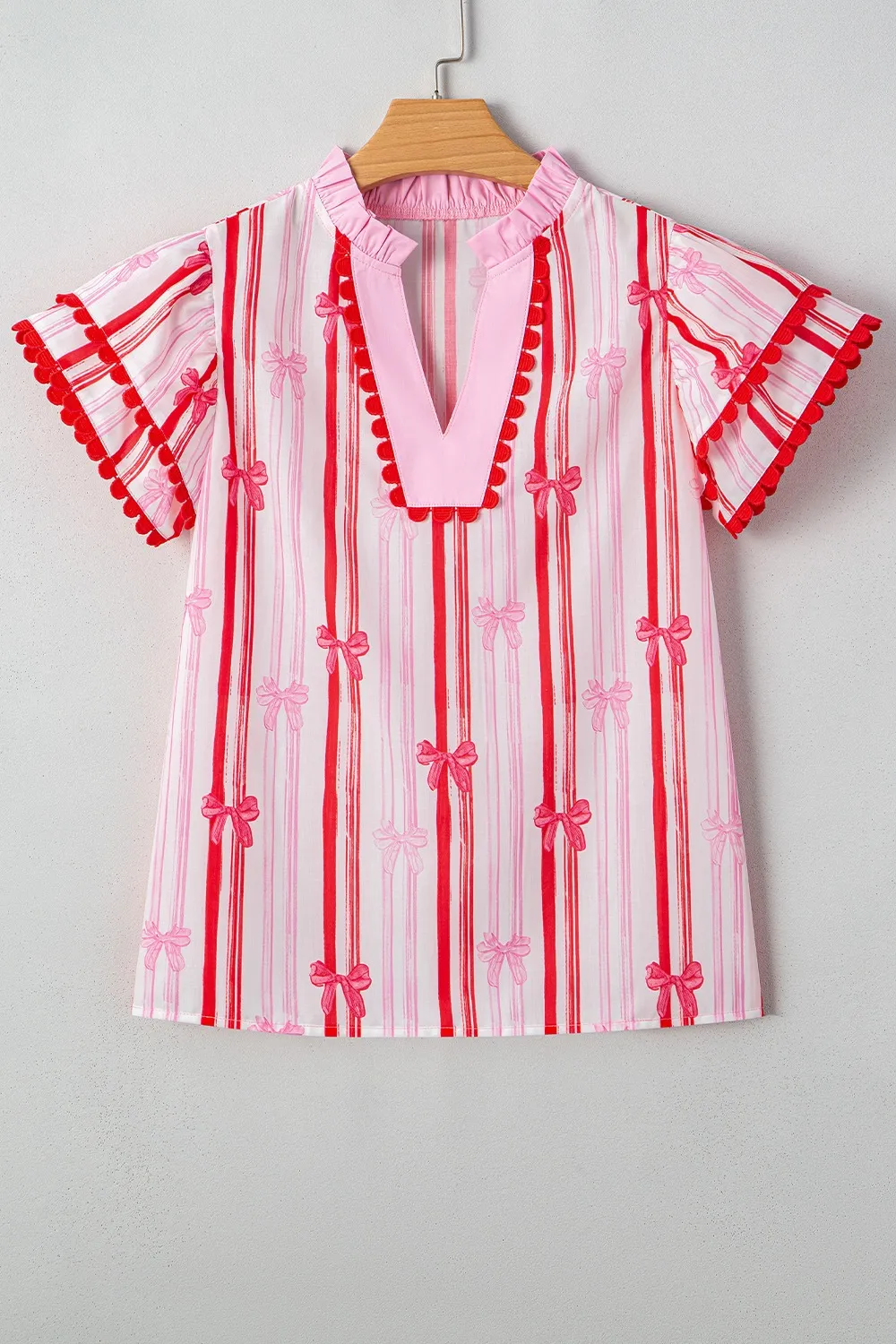 Ric-Rac Trim Ruffled Sleeve Striped Printed Blouse, image 6