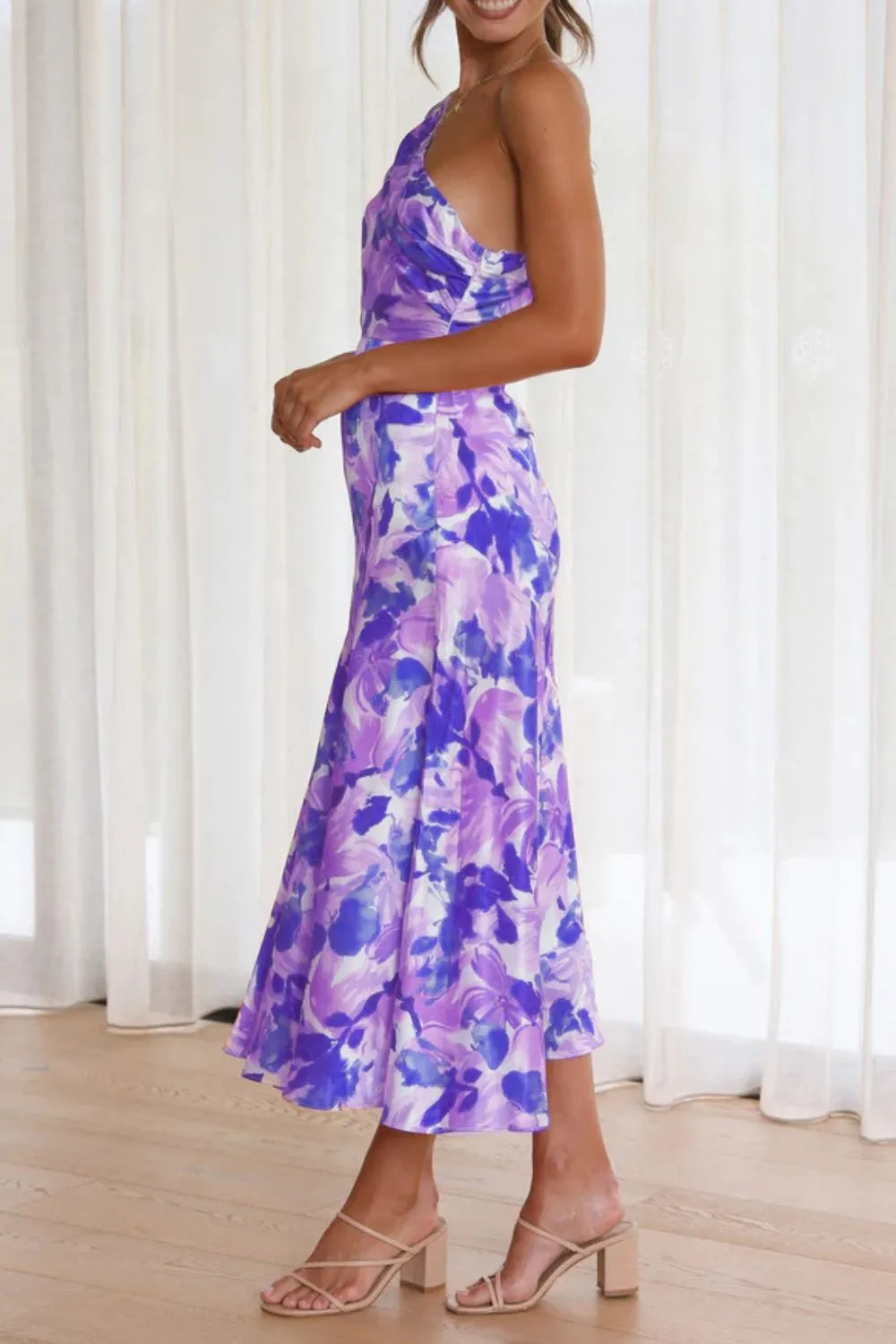 Ruched Printed Single Shoulder Midi Dress, image 3