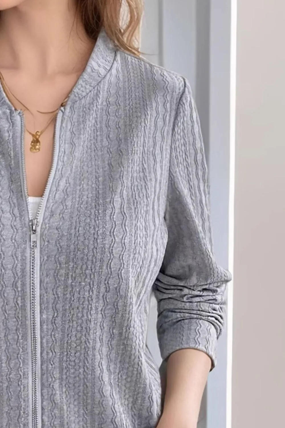 Baseball Collar Zip Up Long Sleeve Jacket, image 4