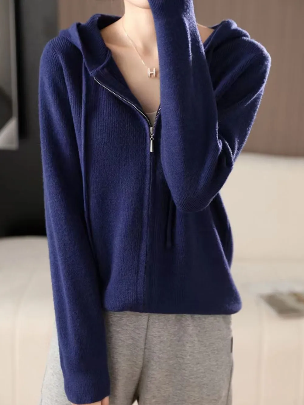 Drawstring Zip Up Long Sleeve Hooded Sweater, image 12