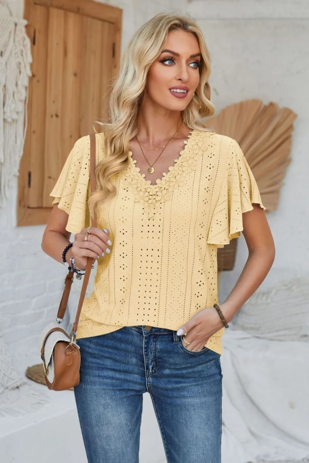 Eyelet Applique V-Neck Cap Sleeve T-Shirt, image 17