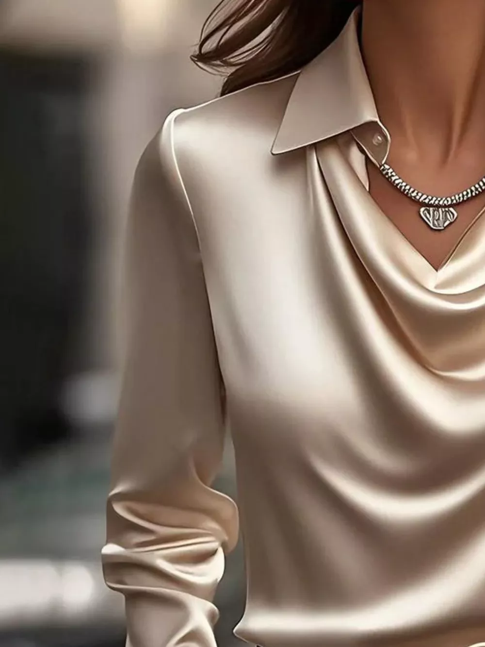 Ruched Long Sleeve Drape Collar Blouse, image 9