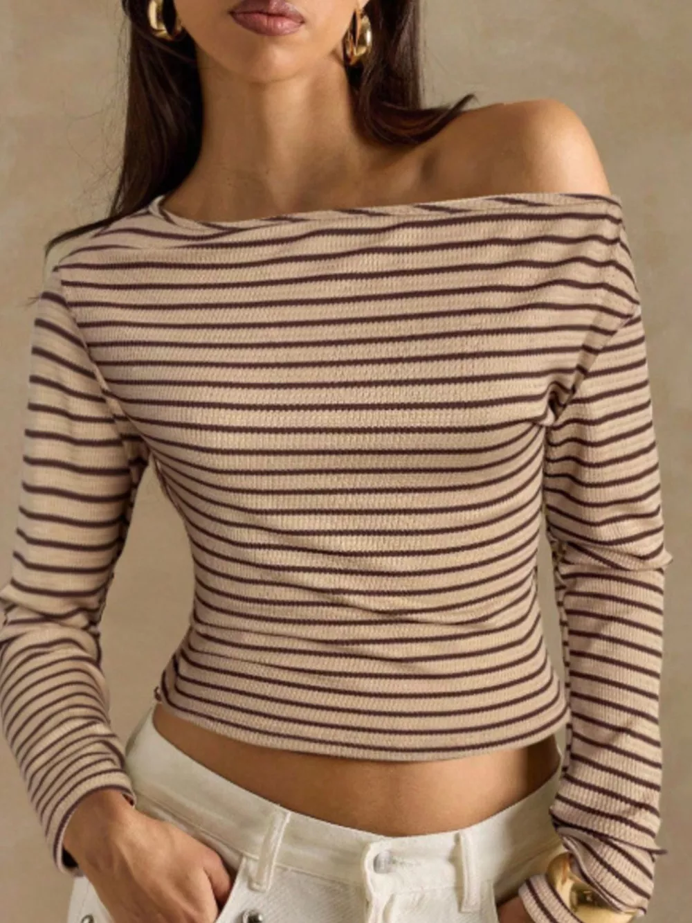 Off-Shoulder Striped Ribbed Long Sleeve T-Shirt, image 15