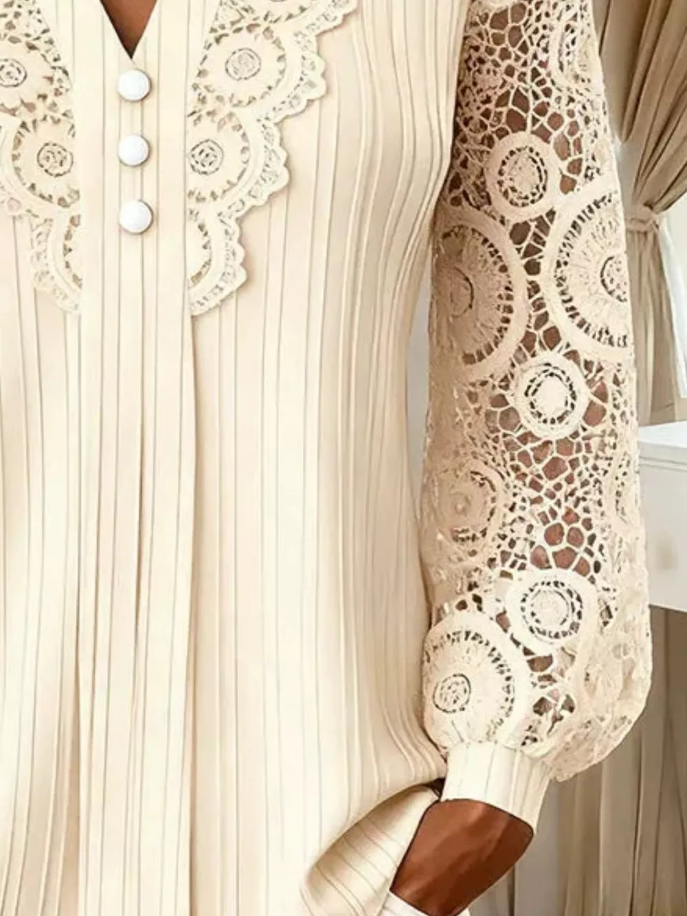 Lace Long Sleeve Notched Blouse, image 6