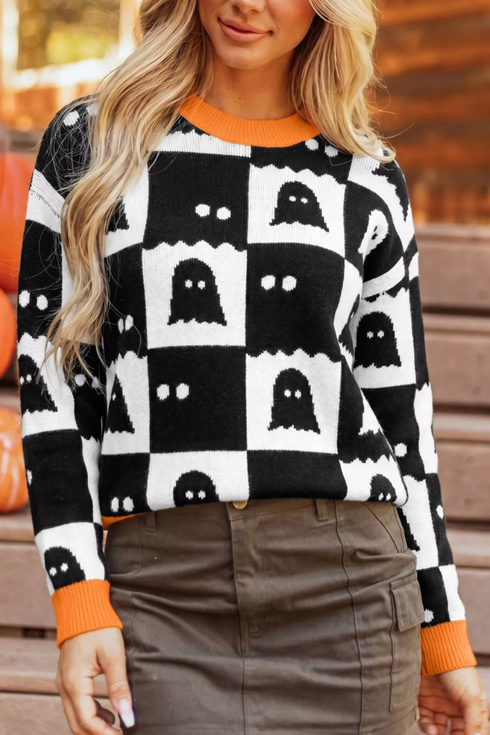 Halloween Ghost Pattern Checkerboard Sweater, image 4