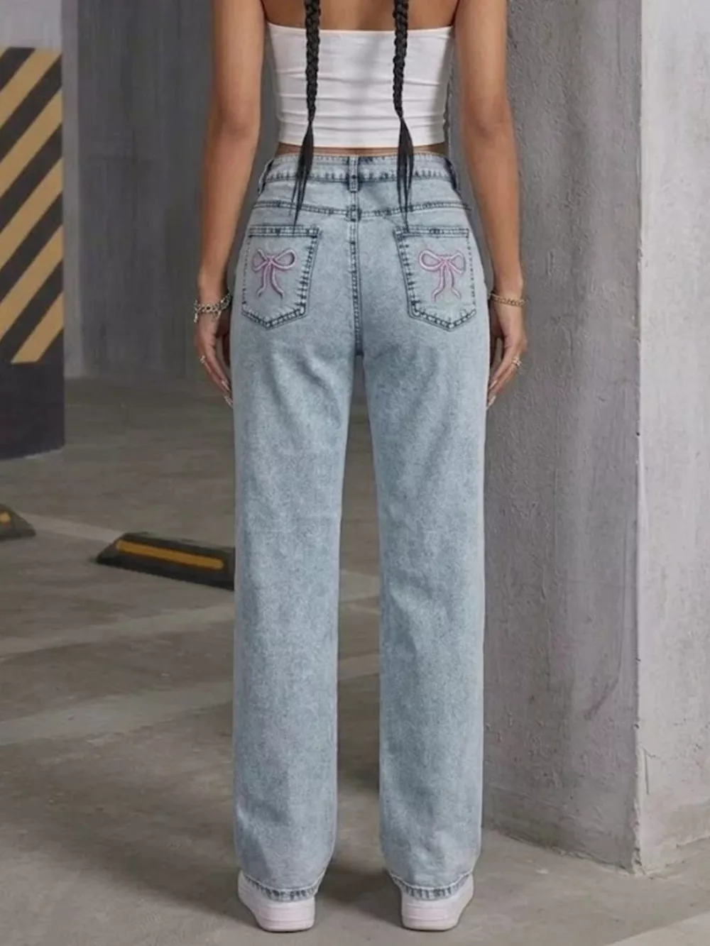 High-Waisted Acid Wash Straight Leg Jeans, image 4