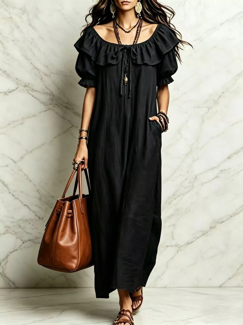 Ruffle Trim Puff Sleeve Maxi Dress