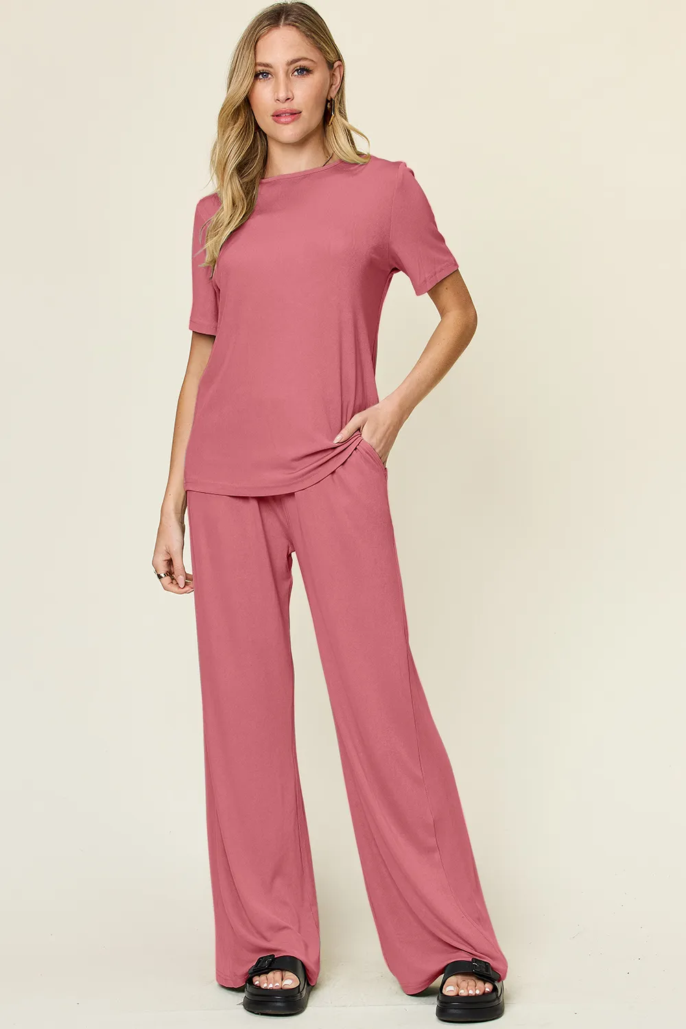 Full Size Round Neck Short Sleeve T-Shirt and Wide Leg Pants Set, image 10