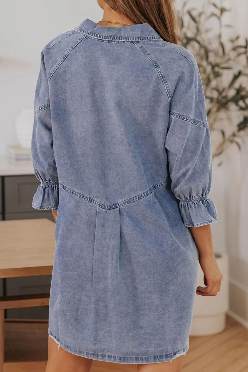 Distressed Collared Neck Flounce Sleeve Denim Dress, image 4