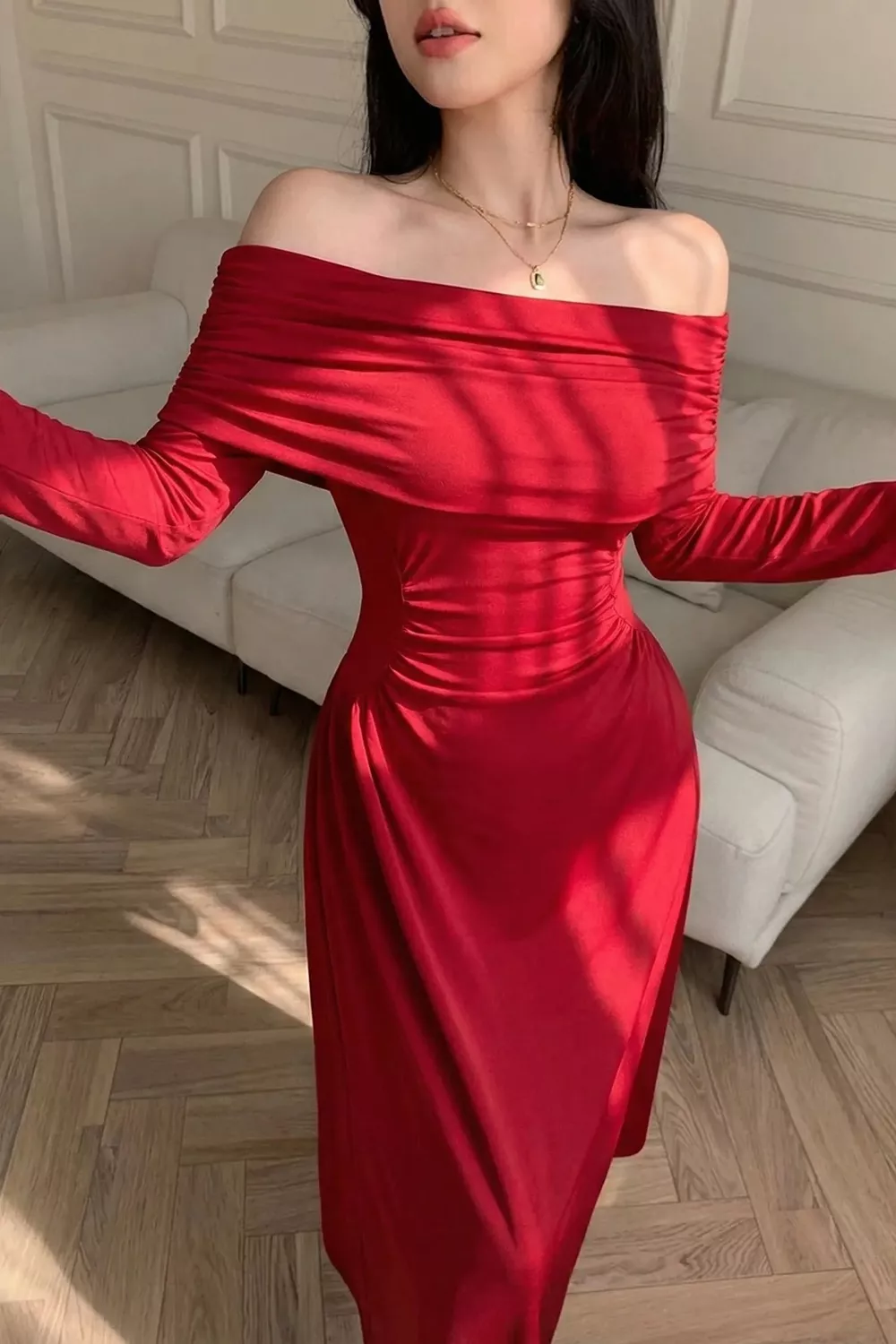 Off-Shoulder Ruched Bodycon Maxi Dress, image 2