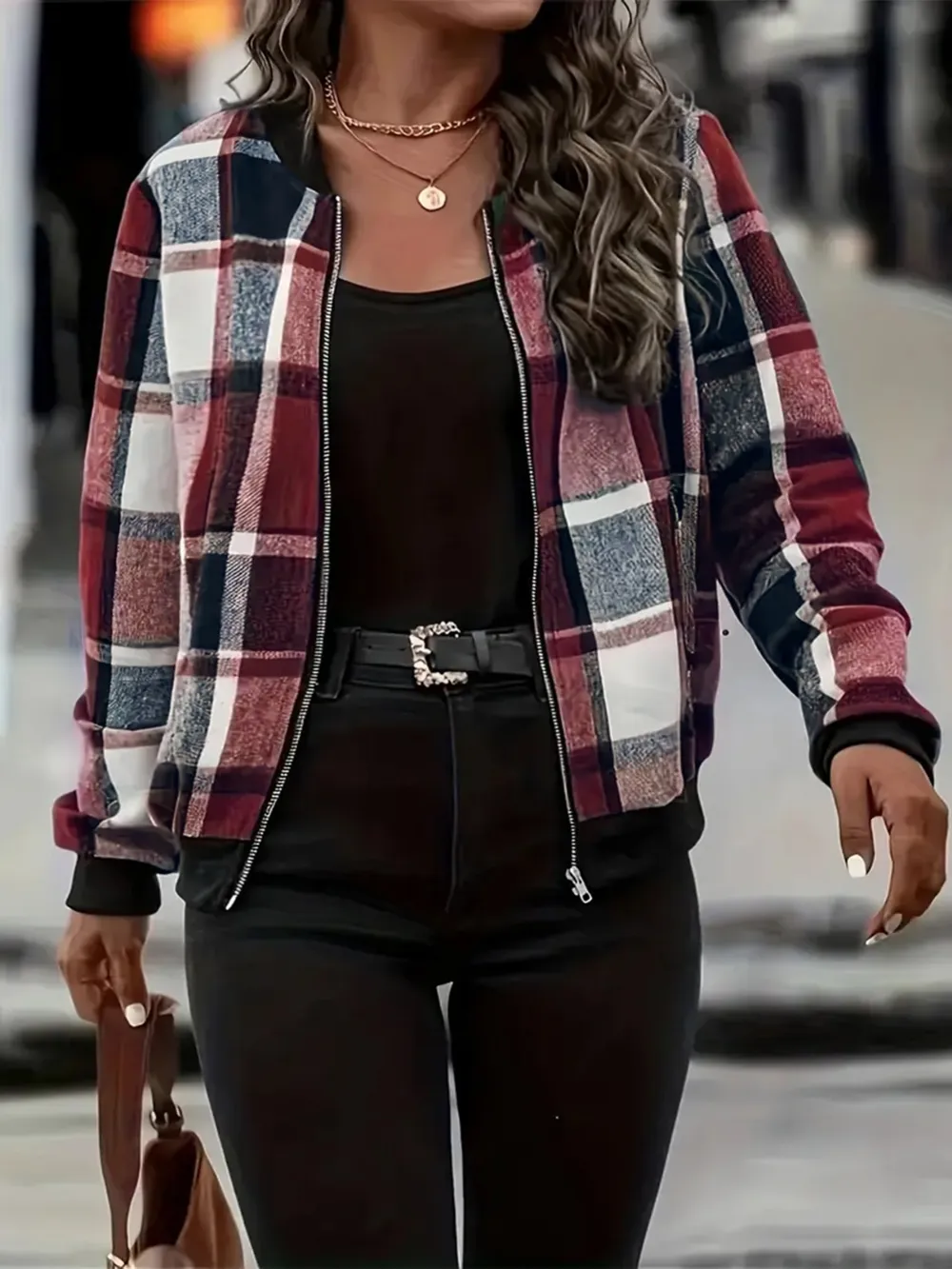 Plus Size Plaid Baseball Collar Zip Up Jacket, image 9