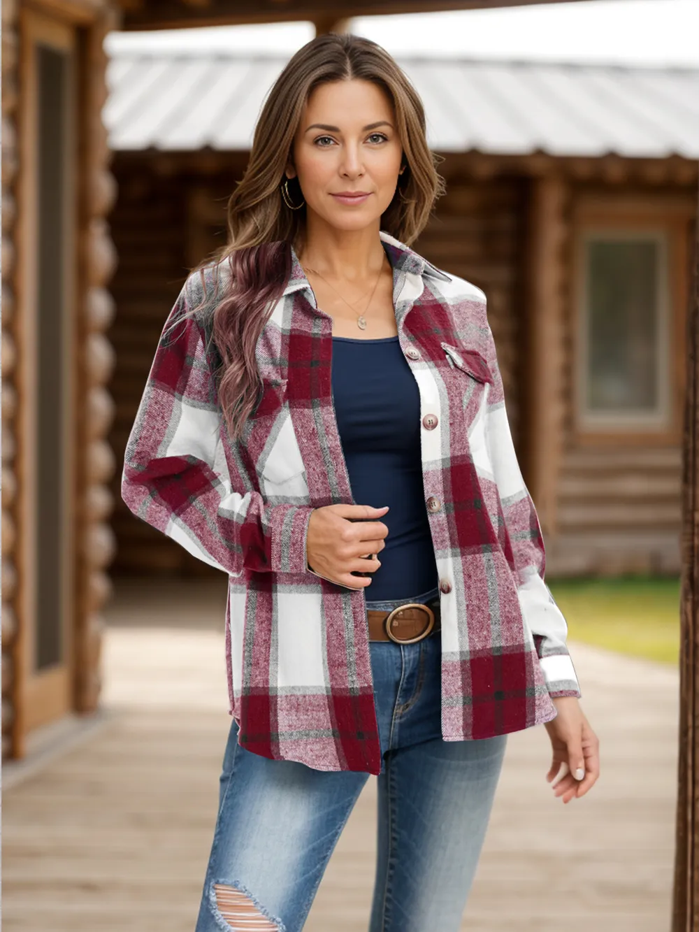 Full Size Pocketed Plaid Collared Neck Shacket, image 8